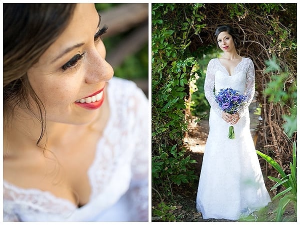 A bride framed by an ivy-covered arch in the Muldersvlei garden