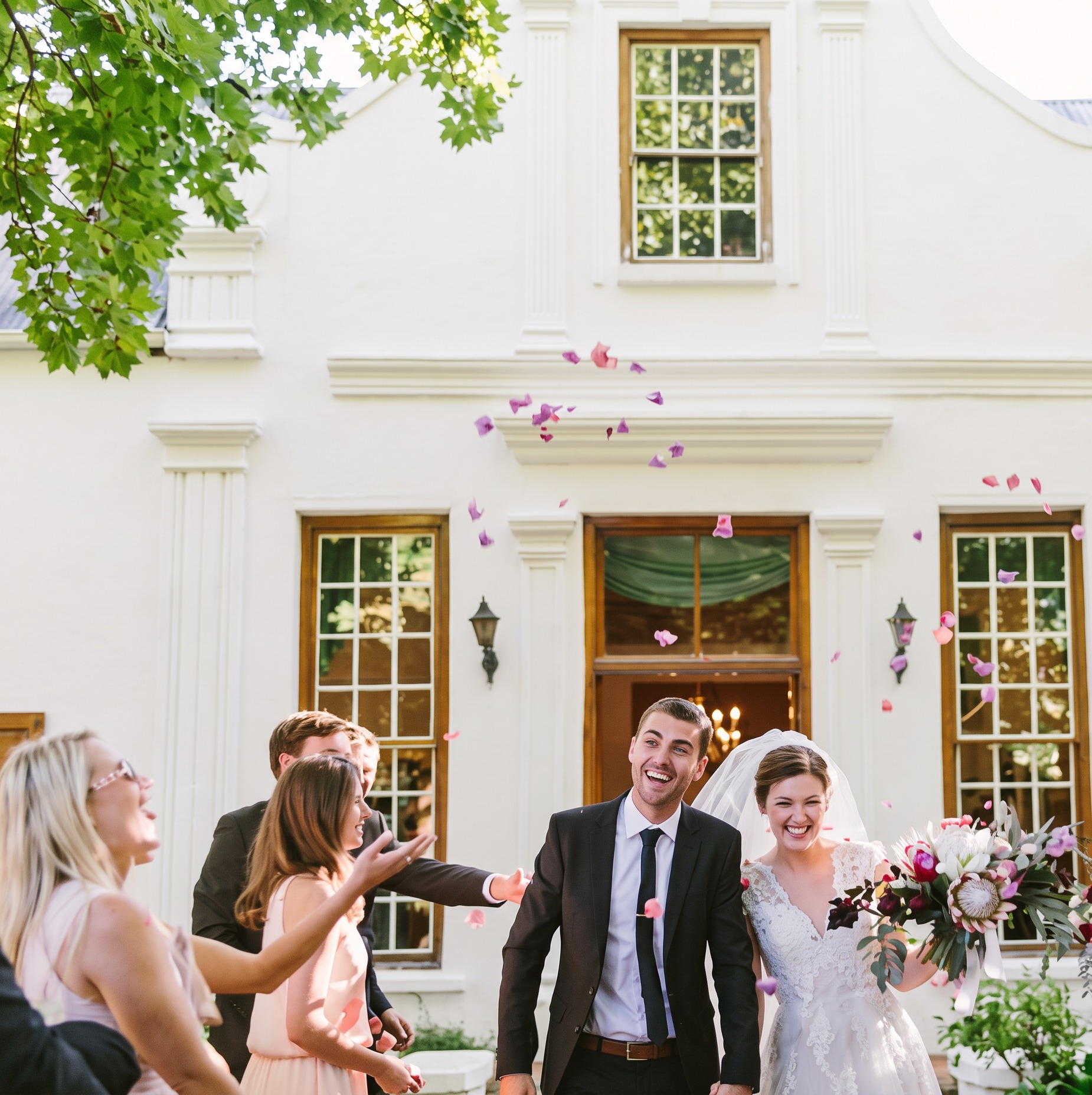 A bride and groom coming out of the manor house at Muldersvlei under a shower of confetti petals, guests celebrating on either side