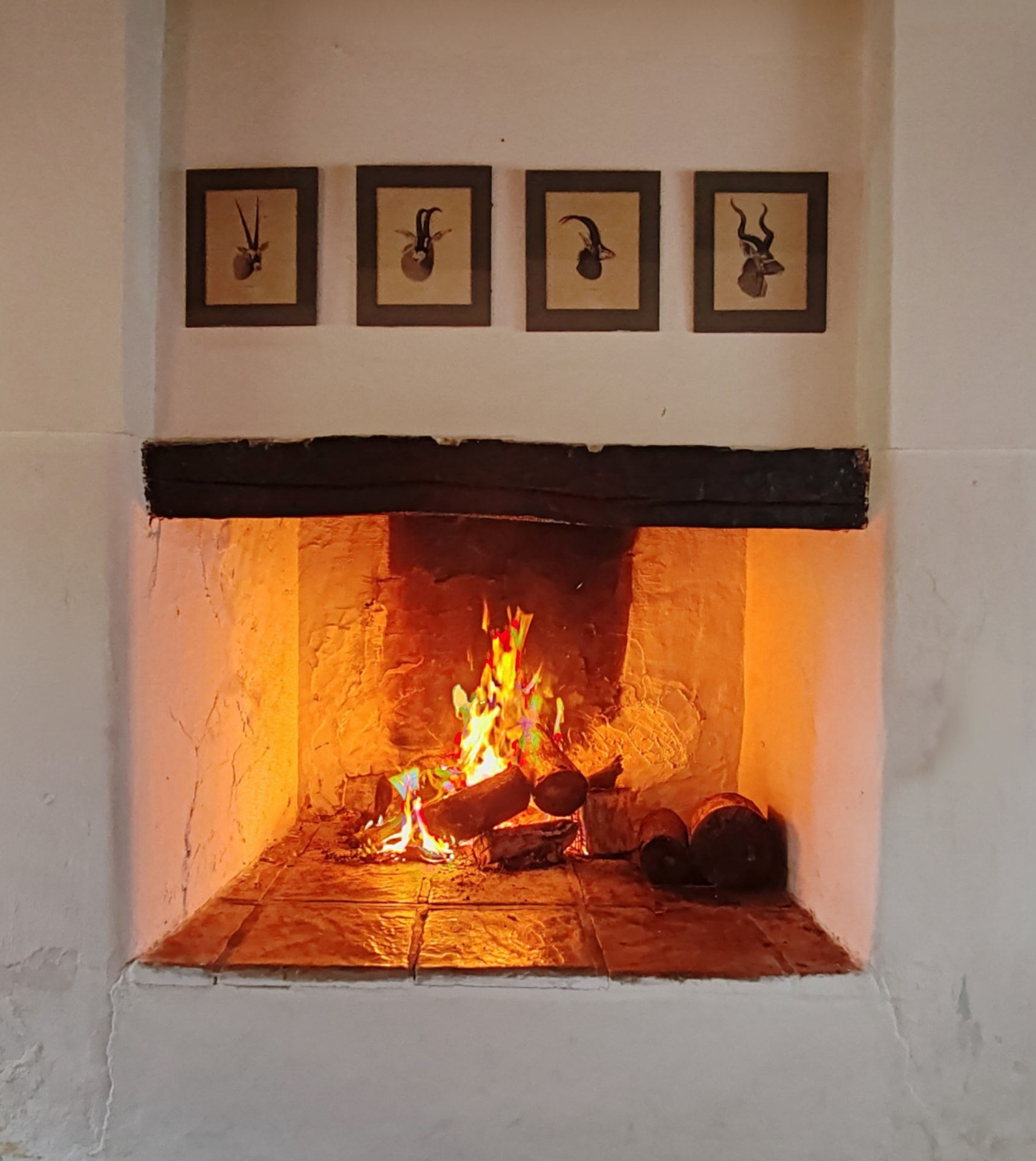 A wood fire burning in the deep whitewashed fireplace of a Muldersvlei guest room